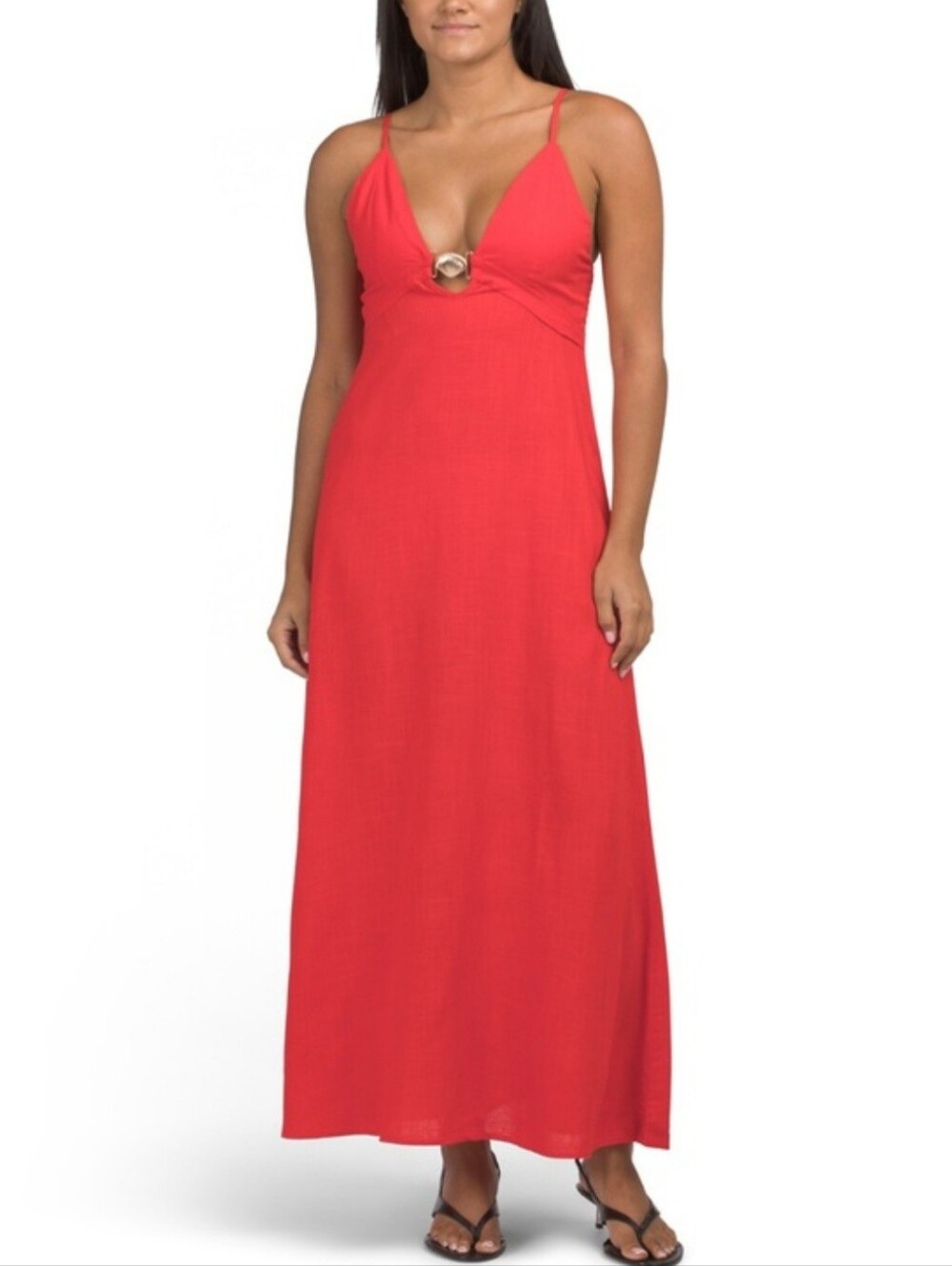 Red Linen Gold Shell Maxi Dress